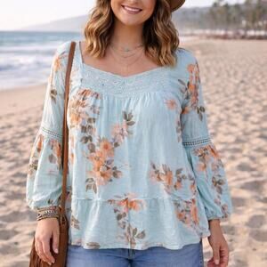 ODI Boho Chic Floral Blouse Boutique Brand Festival‎ Beachy Cottagecore